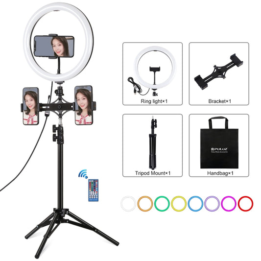 PULUZ 11.8 inch 30cm RGBW Light + 1.1m Tripod Mount + Dual Phone Brackets+ Curved Surface RGB Dimmable LED Dual Color Temperature LED Ring Selfie Vlogging Video Light  Live Broadcast Kits with Cold Sh ... od Ball Head & Phone Clamp & Remote Control(Black) - Ring Light by PULUZ | Online Shopping South Africa | PMC Jewellery | Buy Now Pay Later Mobicred