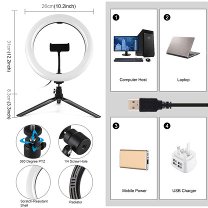 PULUZ 10.2 inch 26cm Light + Desktop Tripod Mount USB 3 Modes Dimmable Dual Color Temperature LED Curved Diffuse Light Ring Vlogging Selfie Photography Video Lights with Phone Clamp & Selfie Remote Control(Black) - Ring Light by PULUZ | Online Shopping South Africa | PMC Jewellery | Buy Now Pay Later Mobicred