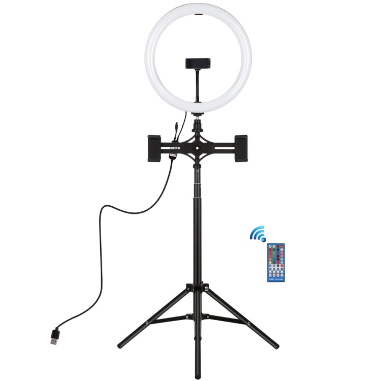 PULUZ 11.8 inch 30cm RGBW Light + 1.65m Mount + Dual Phone Brackets Curved Surface RGBW Dimmable LED Ring Selfie Vlogging Light  Live Broadcast Kits with Cold Shoe Tripod Adapter & Phone Clamp & Remote Control(Black) - Ring Light by PULUZ | Online Shopping South Africa | PMC Jewellery | Buy Now Pay Later Mobicred