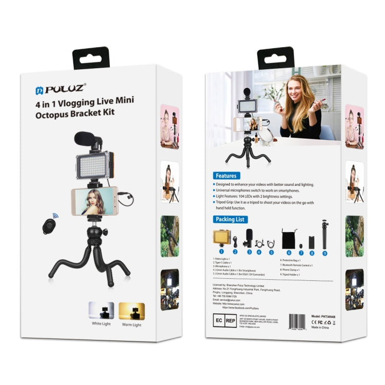 PULUZ  4 in 1 Vlogging Live Mini Octopus Bracket Kit + Studio Light + Microphone + Phone Clamp Kits(Black) - free shipping - PMC TechLife - Order now!