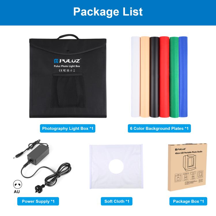 PULUZ 40cm Folding Portable White Light Dimmable Photo Lighting Studio Shooting Tent Box Kit with 6 Colors (Black, Orange, White, Red, Green, Blue) Backdrops(AU Plug) - free shipping - PMC TechLife - Order now!
