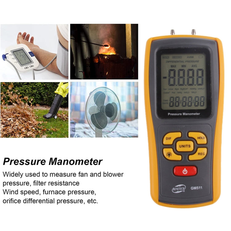 BENETECH GM511 LCD Display Pressure Manometer(Yellow) - Other Tester Tool by BENETECH | Online Shopping South Africa | PMC Jewellery | Buy Now Pay Later Mobicred