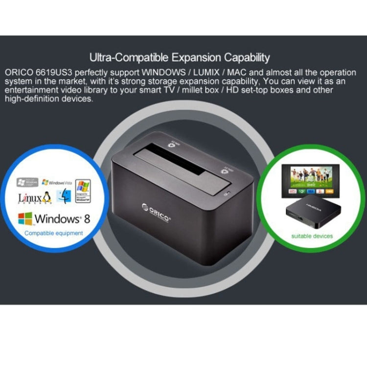 ORICO 6619US3 5Gbps Super Speed USB 3.0 to SATA Hard Drive Docking Station for 2.5 inch / 3.5 inch Hard Drive(Black) - HDD Enclosure by ORICO | Online Shopping South Africa | PMC Jewellery | Buy Now Pay Later Mobicred