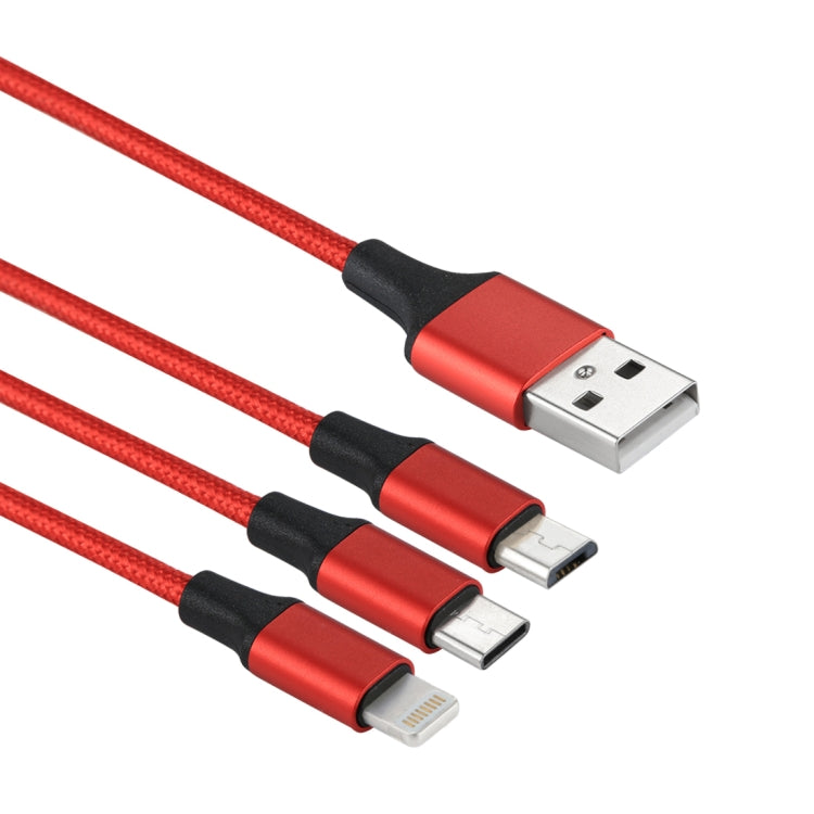 2A 1.2m 3 in 1 USB to 8 Pin & USB-C / Type-C & Micro USB Nylon Weave Charging Cable(Red) - Multifunction Cable by PMC Jewellery | Online Shopping South Africa | PMC Jewellery | Buy Now Pay Later Mobicred