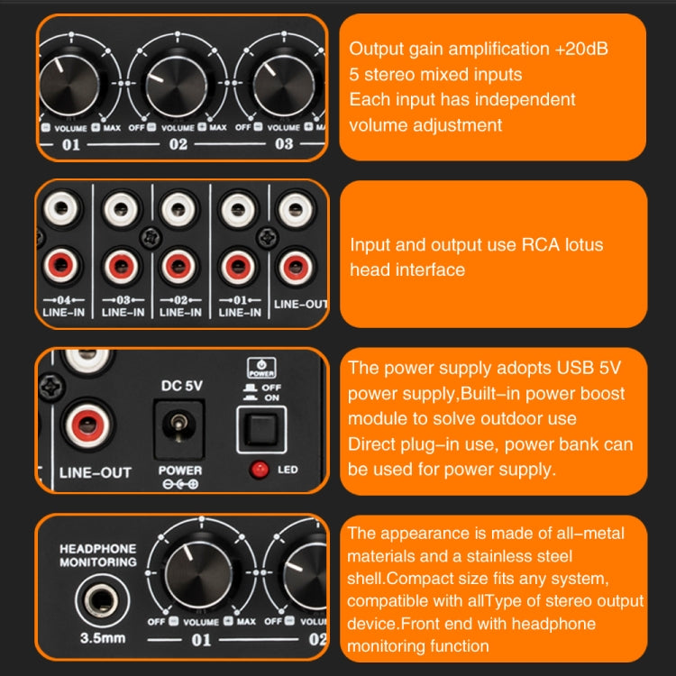 B055 5-Channel Active Stereo Mixer Multi-Channel Mixer with Independent Volume Adjustment  & USB 5V Power Output & Headphone Monitoring, US Plug -  by PMC Jewellery | Online Shopping South Africa | PMC Jewellery | Buy Now Pay Later Mobicred