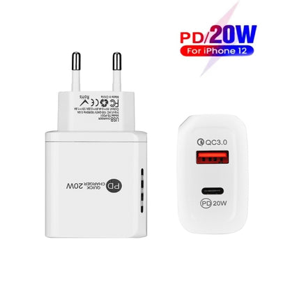 TE-PD01 PD 20W + QC3.0 USB Dual Ports Quick Charger with Indicator Light, EU Plug(White) - USB Charger by PMC Jewellery | Online Shopping South Africa | PMC Jewellery | Buy Now Pay Later Mobicred