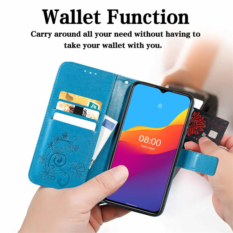 For Ulefone Note 10 Four-leaf Clasp Embossed Buckle Mobile Phone Protection Leather Case with Lanyard & Card Slot & Wallet & Bracket Function(Blue) - Ulefone Cases by PMC Jewellery | Online Shopping South Africa | PMC Jewellery | Buy Now Pay Later Mobicred