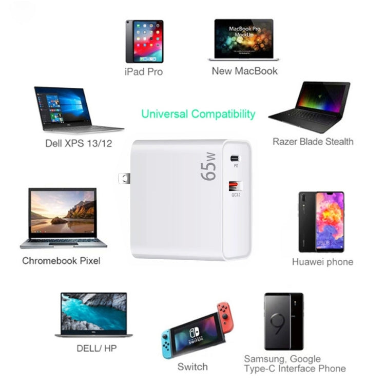 PD-65W USB-C / Type-C + QC3. 0 USB Laptop Charging Adapter + 2m USB-C / Type-C to USB-C / Type-C Data Cable Set, EU Plug / US Plug(Black) - Cable & Adapter by PMC Jewellery | Online Shopping South Africa | PMC Jewellery | Buy Now Pay Later Mobicred