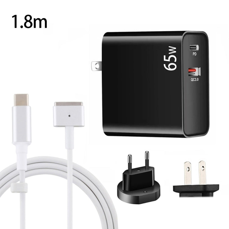 PD-65W USB-C / Type-C + QC3. 0 USB Laptop Charging Adapter + 1.8m USB-C / Type-C to MagSafe 2 / T Head Data Cable, EU Plug / US Plug(Black) - Cable & Adapter by PMC Jewellery | Online Shopping South Africa | PMC Jewellery | Buy Now Pay Later Mobicred