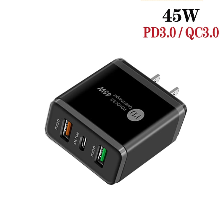 45W PD25W + 2 x QC3.0 USB Multi Port Charger with USB to 8 Pin Cable, US Plug(Black) - USB Charger by PMC Jewellery | Online Shopping South Africa | PMC Jewellery | Buy Now Pay Later Mobicred