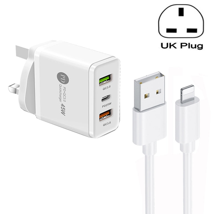 45W PD25W + 2 x QC3.0 USB Multi Port Charger with USB to 8 Pin Cable, UK Plug(White) - USB Charger by PMC Jewellery | Online Shopping South Africa | PMC Jewellery | Buy Now Pay Later Mobicred