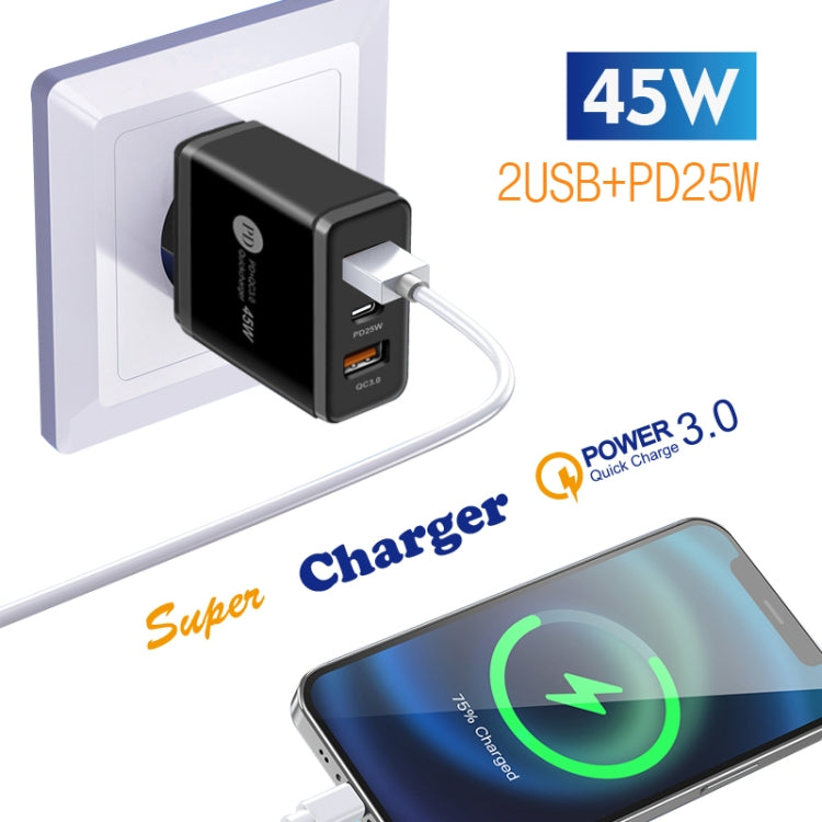 45W PD25W + 2 x QC3.0 USB Multi Port Charger with USB to 8 Pin Cable, UK Plug(Black) - USB Charger by PMC Jewellery | Online Shopping South Africa | PMC Jewellery | Buy Now Pay Later Mobicred