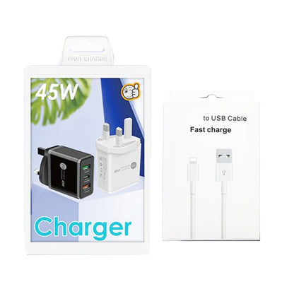 45W PD25W + 2 x QC3.0 USB Multi Port Charger with USB to 8 Pin Cable, UK Plug(Black) - USB Charger by PMC Jewellery | Online Shopping South Africa | PMC Jewellery | Buy Now Pay Later Mobicred