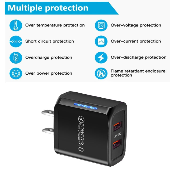 36W Dual Port QC3.0 USB Charger with 3A USB to 8 Pin Data Cable, US Plug(Black) - USB Charger by PMC Jewellery | Online Shopping South Africa | PMC Jewellery | Buy Now Pay Later Mobicred