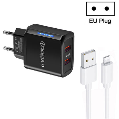 36W Dual Port QC3.0 USB Charger with 3A USB to 8 Pin Data Cable, EU Plug(Black) - USB Charger by PMC Jewellery | Online Shopping South Africa | PMC Jewellery | Buy Now Pay Later Mobicred