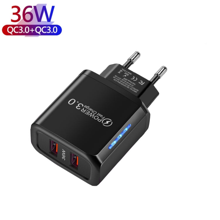 36W Dual Port QC3.0 USB Charger with 3A USB to 8 Pin Data Cable, EU Plug(Black) - USB Charger by PMC Jewellery | Online Shopping South Africa | PMC Jewellery | Buy Now Pay Later Mobicred