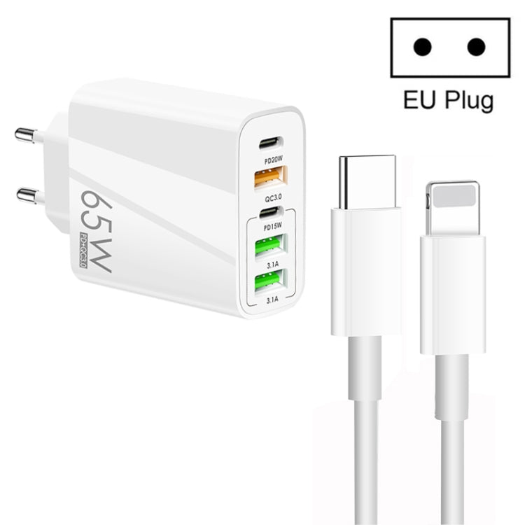 65W Dual PD Type-C + 3 x USB Multi Port Charger with 3A Type-C to 8 Pin Data Cable, EU Plug(White) - USB Charger by PMC Jewellery | Online Shopping South Africa | PMC Jewellery | Buy Now Pay Later Mobicred