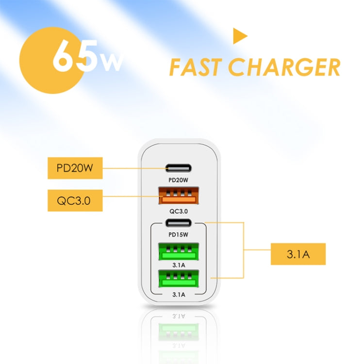 65W Dual PD Type-C + 3 x USB Multi Port Charger with 3A Type-C to 8 Pin Data Cable, EU Plug(White) - USB Charger by PMC Jewellery | Online Shopping South Africa | PMC Jewellery | Buy Now Pay Later Mobicred