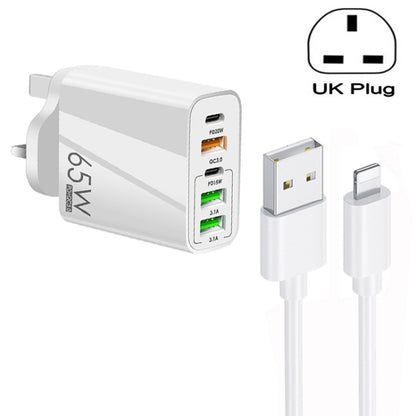 65W Dual PD Type-C + 3 x USB Multi Port Charger with 3A USB to 8 Pin Data Cable, UK Plug(White) - USB Charger by PMC Jewellery | Online Shopping South Africa | PMC Jewellery | Buy Now Pay Later Mobicred