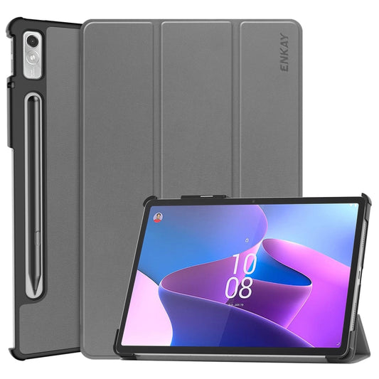 For Lenovo Tab P11 Pro Gen2 11.2 inch 2022 ENKAY Tri-fold Custer Texture Leather Stand Smart Case(Grey) - Lenovo by ENKAY | Online Shopping South Africa | PMC Jewellery | Buy Now Pay Later Mobicred