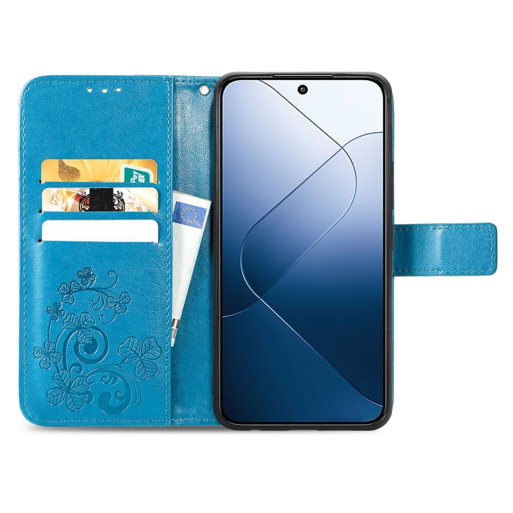 For Xiaomi 14 Four-leaf Clasp Embossed Leather Phone Case(Blue) - 14 Cases by PMC TechLife | Online Shopping South Africa | PMC TechLife | Buy Now Pay Later Mobicred