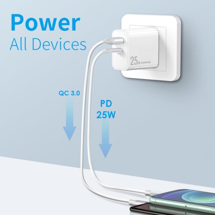 NORTHJO NOPD2502 PD 25W USB-C/Type-C + QC 3.0 USB Dual Ports Fast Charger, Plug Type:US Plug(White) - USB Charger by NORTHJO | Online Shopping South Africa | PMC Jewellery | Buy Now Pay Later Mobicred