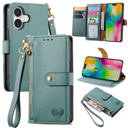 For iPhone 16 Love Zipper Lanyard Leather Phone Case(Green) - iPhone 16 Cases by PMC Jewellery | Online Shopping South Africa | PMC Jewellery | Buy Now Pay Later Mobicred