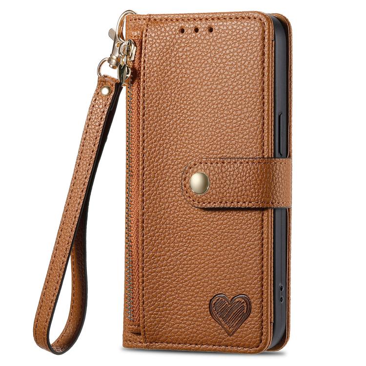 For iPhone 16e Love Zipper Lanyard Leather Phone Case(Brown) - iPhone 16e Cases by PMC TechLife | Online Shopping South Africa | PMC TechLife | Buy Now Pay Later Mobicred