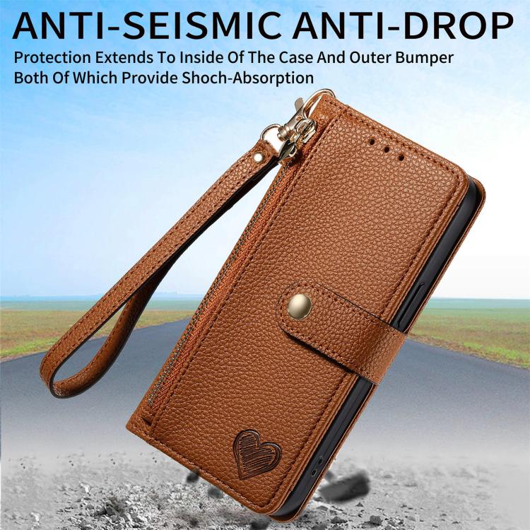 For iPhone 16e Love Zipper Lanyard Leather Phone Case(Brown) - iPhone 16e Cases by PMC TechLife | Online Shopping South Africa | PMC TechLife | Buy Now Pay Later Mobicred
