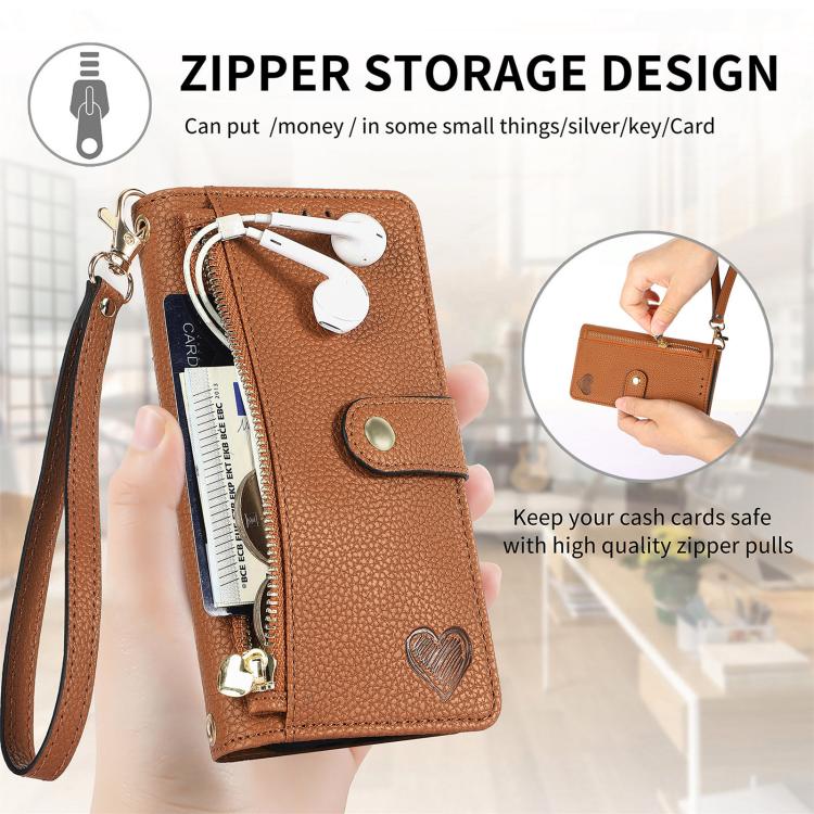 For iPhone 16e Love Zipper Lanyard Leather Phone Case(Brown) - iPhone 16e Cases by PMC TechLife | Online Shopping South Africa | PMC TechLife | Buy Now Pay Later Mobicred