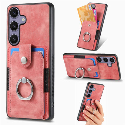 For Samsung Galaxy S25 5G Retro Skin-feel Ring Card Wallet Phone Case(Pink) - Galaxy S25 5G Cases by PMC Jewellery | Online Shopping South Africa | PMC Jewellery | Buy Now Pay Later Mobicred