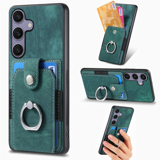 For Samsung Galaxy S25 5G Retro Skin-feel Ring Card Wallet Phone Case(Green) - Galaxy S25 5G Cases by PMC Jewellery | Online Shopping South Africa | PMC Jewellery | Buy Now Pay Later Mobicred