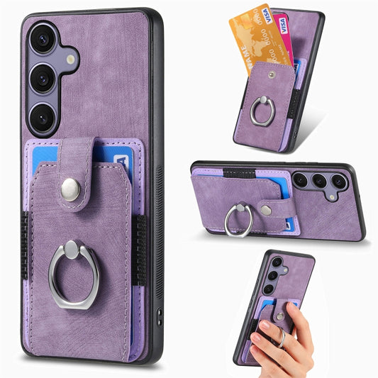 For Samsung Galaxy S25 5G Retro Skin-feel Ring Card Wallet Phone Case(Purple) - Galaxy S25 5G Cases by PMC Jewellery | Online Shopping South Africa | PMC Jewellery | Buy Now Pay Later Mobicred