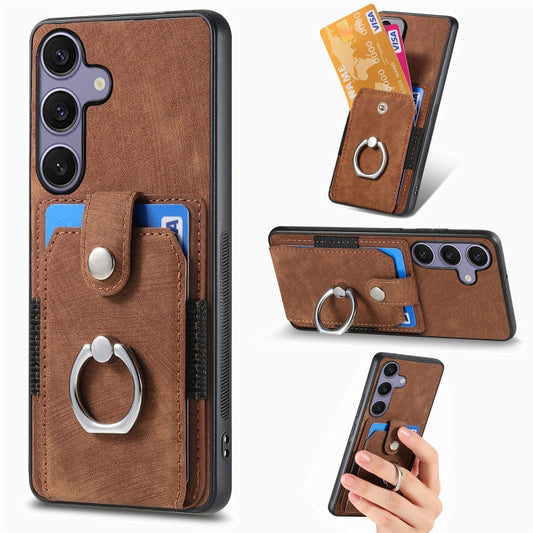 For Samsung Galaxy S25 5G Retro Skin-feel Ring Card Wallet Phone Case(Brown) - Galaxy S25 5G Cases by PMC Jewellery | Online Shopping South Africa | PMC Jewellery | Buy Now Pay Later Mobicred