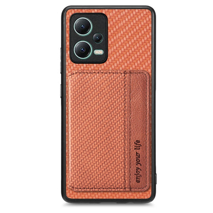 For Redmi Note 12 5G Carbon Fiber Magnetic Card Bag Phone Case(Brown) - Xiaomi Cases by PMC Jewellery | Online Shopping South Africa | PMC Jewellery | Buy Now Pay Later Mobicred