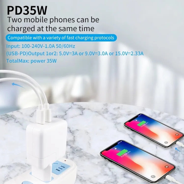 35W PD3.0 USB-C / Type-C Dual Port Charger with 2m Type-C to Type-C Data Cable, US Plug - USB Charger by PMC Jewellery | Online Shopping South Africa | PMC Jewellery | Buy Now Pay Later Mobicred