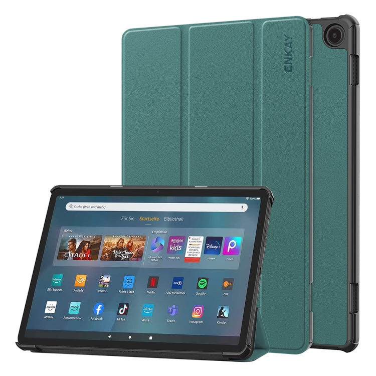 For Amazon Fire Max 11 ENKAY Tri-fold Custer Texture Leather Smart Tablet Case(Dark Green) - Amazon by ENKAY | Online Shopping South Africa | PMC TechLife | Buy Now Pay Later Mobicred