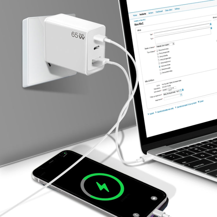 GaN PD65W Type-C x 2 + USB3.0 Charger with Type-C to Type-C Data Cable ,UK Plug(White) - USB Charger by PMC Jewellery | Online Shopping South Africa | PMC Jewellery | Buy Now Pay Later Mobicred