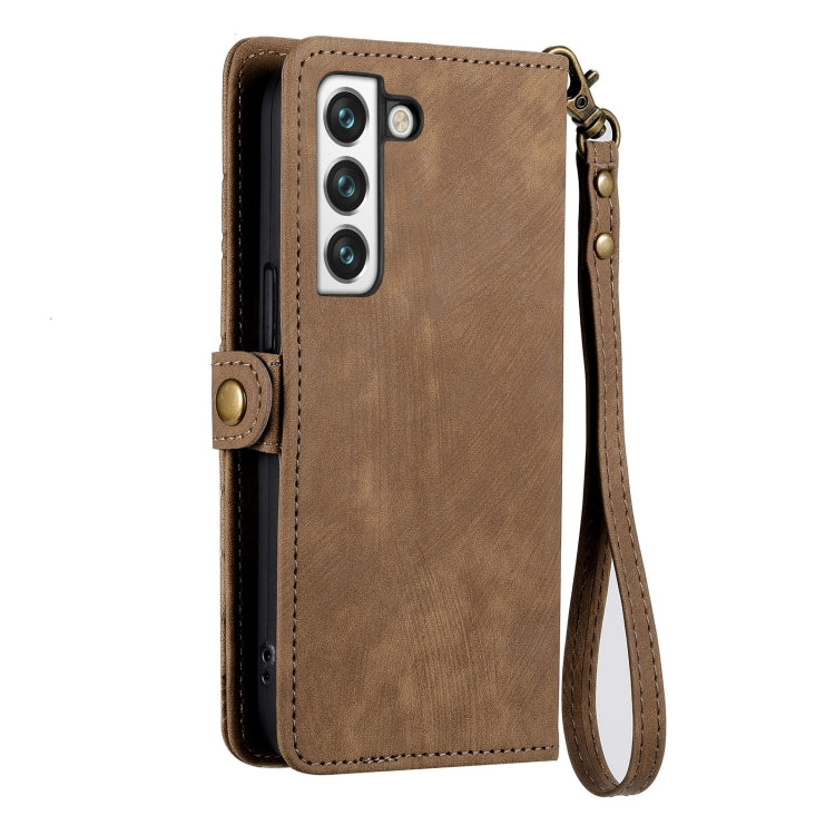 For Samsung Galaxy S22 5G Geometric Zipper Wallet Side Buckle Leather Phone Case(Brown) - free shipping - PMC TechLife - Order now!