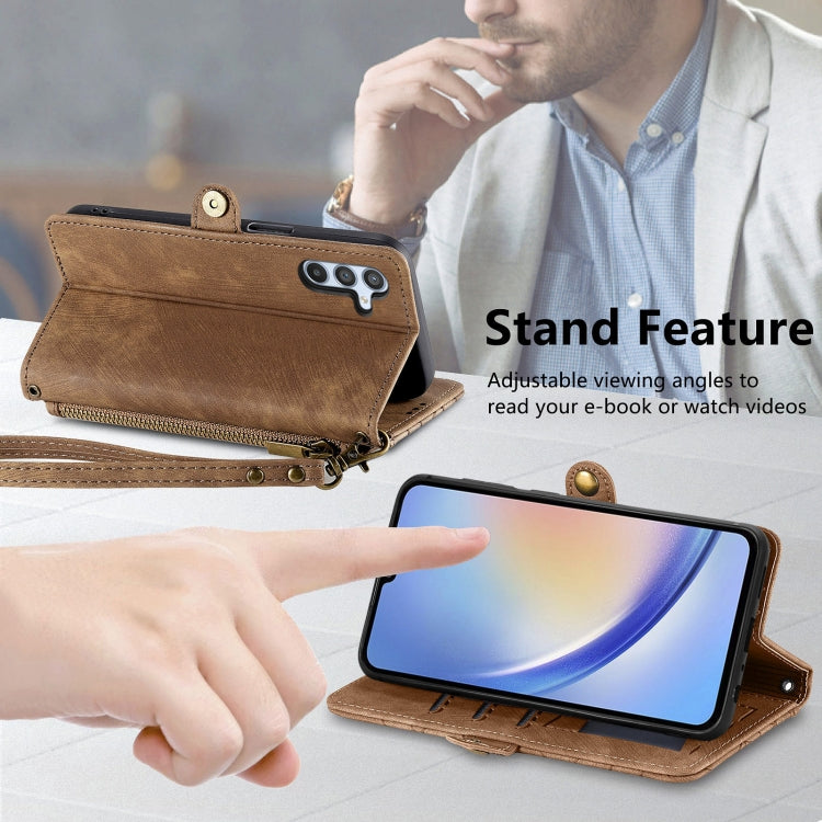 For Samsung Galaxy A52 5G Geometric Zipper Wallet Side Buckle Leather Phone Case(Brown) - free shipping - PMC TechLife - Order now!