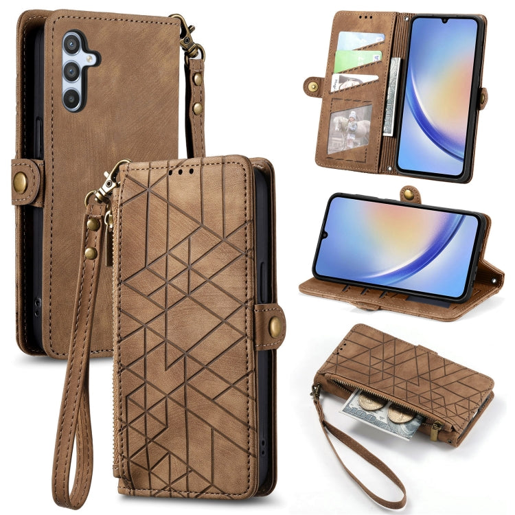 For Samsung Galaxy A14 5G Geometric Zipper Wallet Side Buckle Leather Phone Case(Brown) - free shipping - PMC TechLife - Order now!