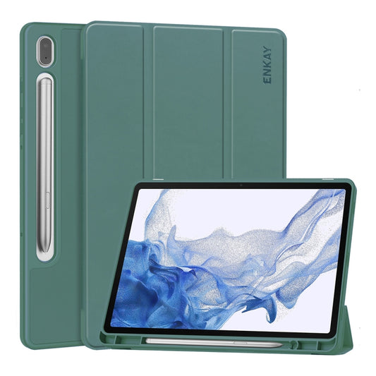 For Samsung Galaxy Tab S9 ENKAY Tri-fold Custer Leather TPU Bottom Smart Case with Pen Slot(Dark Green) - Galaxy Tab S9 Cases by ENKAY | Online Shopping South Africa | PMC Jewellery | Buy Now Pay Later Mobicred