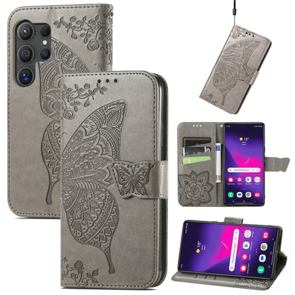 For Samsung Galaxy S25 Ultra 5G Butterfly Love Flower Embossed Leather Phone Case(Gray) - Galaxy S25 Ultra 5G Cases by PMC Jewellery | Online Shopping South Africa | PMC Jewellery | Buy Now Pay Later Mobicred