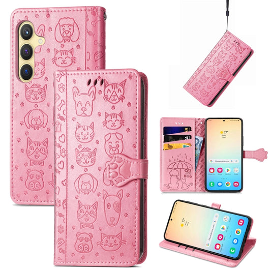 For Samsung Galaxy S25 5G Cat and Dog Embossed Leather Phone Case(Pink) - Galaxy S25 5G Cases by PMC Jewellery | Online Shopping South Africa | PMC Jewellery | Buy Now Pay Later Mobicred