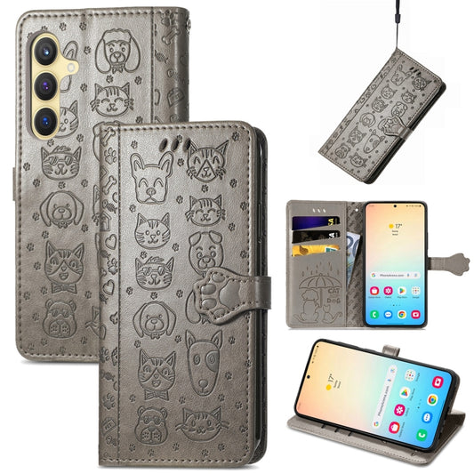 For Samsung Galaxy S25 5G Cat and Dog Embossed Leather Phone Case(Gray) - Galaxy S25 5G Cases by PMC Jewellery | Online Shopping South Africa | PMC Jewellery | Buy Now Pay Later Mobicred