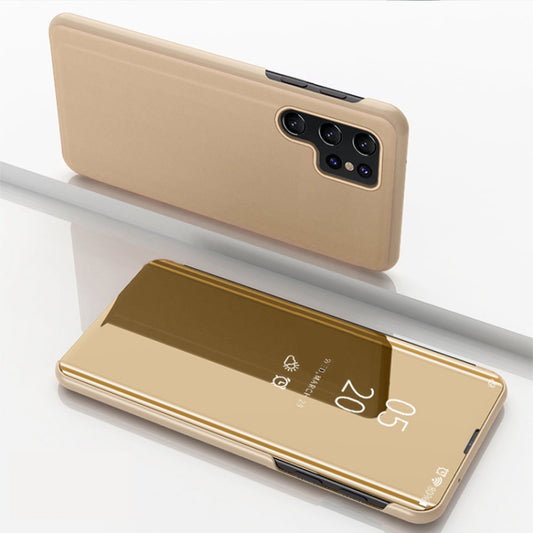 For Samsung Galaxy S25 Ultra 5G Plated Mirror Horizontal Flip Leather Phone Case with Holder(Gold) - Galaxy S25 Ultra 5G Cases by PMC Jewellery | Online Shopping South Africa | PMC Jewellery | Buy Now Pay Later Mobicred