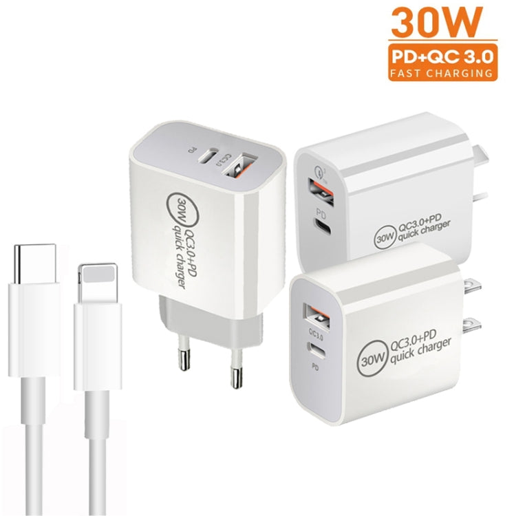 PD30W USB-C / Type-C + QC3.0 USB Dual Port Charger with 1m Type-C to 8 Pin Data Cable, US Plug - USB Charger by PMC Jewellery | Online Shopping South Africa | PMC Jewellery | Buy Now Pay Later Mobicred