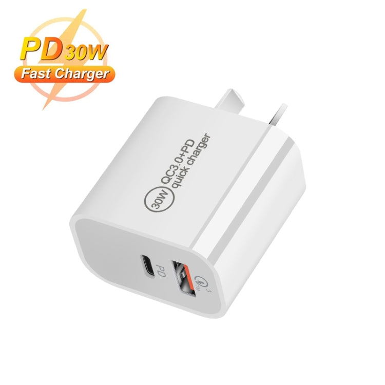 PD30W USB-C / Type-C + QC3.0 USB Dual Port Charger with 1m USB to 8 Pin Data Cable, AU Plug - USB Charger by PMC Jewellery | Online Shopping South Africa | PMC Jewellery | Buy Now Pay Later Mobicred