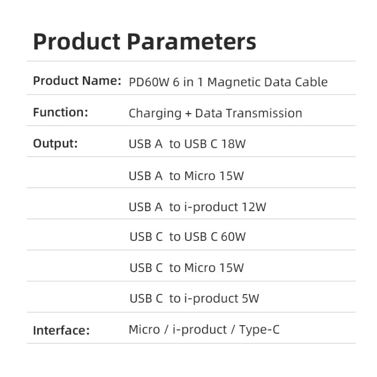 ENKAY 6-in-1 PD60W USB-A / Type-C to Type-C / 8 Pin / Micro USB Magnetic Fast Charging Cable, Cable Length:2m(Black) - Charging Cable & Head by ENKAY | Online Shopping South Africa | PMC Jewellery | Buy Now Pay Later Mobicred