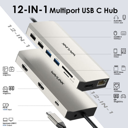 Wavlink UMD302 Type-C to Multiport Dual 4K HDMI HUB Triple Monitor 12-in-1 Laptop Docking Station - USB HUB by WAVLINK | Online Shopping South Africa | PMC Jewellery | Buy Now Pay Later Mobicred